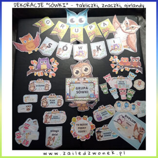 Dekoracje dla grup przedszkolnych - tabliczki, znaczki, girlandy - sówki